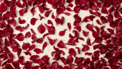 Scattering whole and torn deep red rose petals across white tabletop with tiny flecks