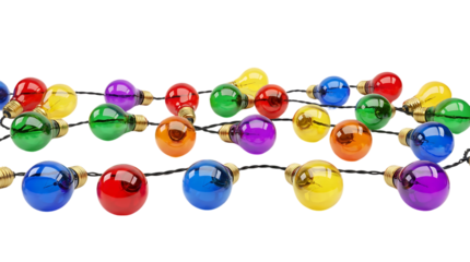 full view colorful party bulb garland, glossy surface, subtle shine, gentle reflections, isolated on crisp white background, celebration decor style