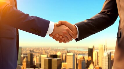 Two businessmen shaking hands against a cityscape, symbolizing partnership and agreement - Powered by Adobe