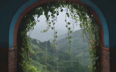 Rain-Soaked Vine Arch Backdrop Over Misty Indian Valley with Cinematic Monsoon Romance