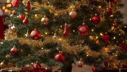 Glowing evergreen tree filling living room, showing gold tinsel, warm lights, red ornaments, gifts