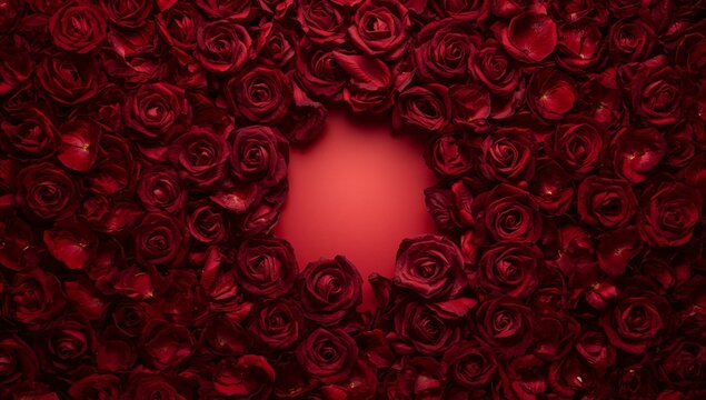Forming ring of deep red roses on studio backdrop with highlights, showing smooth center and petals