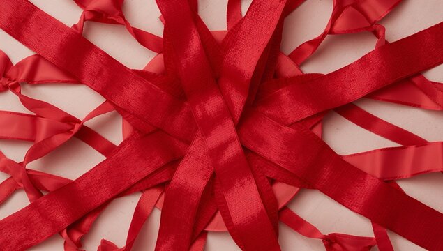 Displaying cluster of red satin ribbons radiating on craft tabletop with loops loose ends pale disc - Powered by Adobe