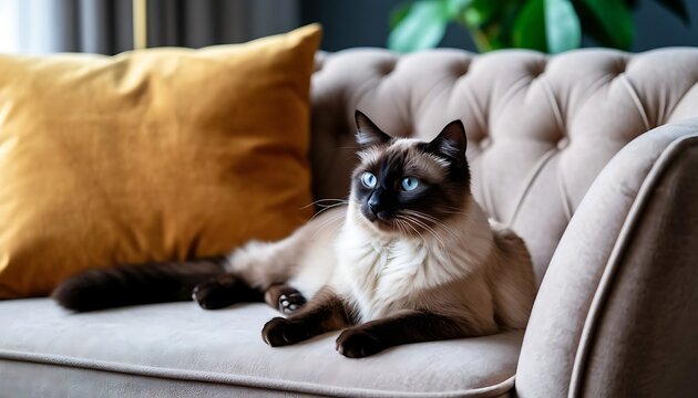 Domestic cat with beautiful blue eyes resting comfortably on a beige tufted couch with a yellow cushion in a cozy home interior - Powered by Adobe