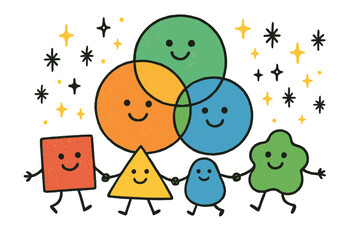 Joyful Unity Doodles. Joyful doodle group dynamics with overlapping circles smiling, characters with different shapes and colors