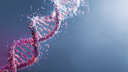Three dimensional rendering depicts a dissolving double helix structure composed of small digital particles against a soft gradient background.