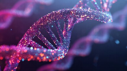 Intricate microscopic structure of a double helix molecule rendered with sparkling particles