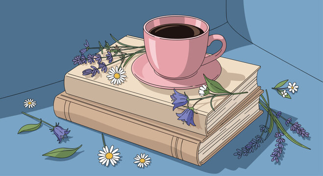 Cozy afternoon with coffee and books surrounded by lavender and daisies creating a peaceful and calming mood for study or relaxation - Powered by Adobe