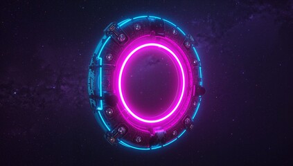 Glowing sci-fi portal hovering in deep space, showing magenta inner ring, cyan accents, nebula
