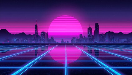 Glowing central magenta sun reflecting on glossy neon grid plain at night, with skyline