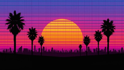 Glowing stylized sun with banding dominating city skyline at sunset, with silhouetted palms