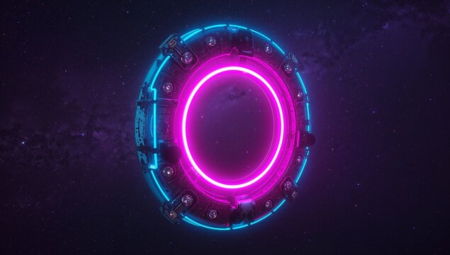 Glowing sci-fi portal hovering in deep space, showing magenta inner ring, cyan accents, nebula