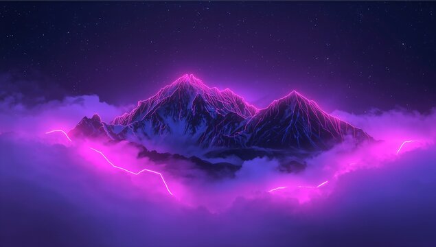 Glowing central jagged mountain massif rising above night cloud bank, tracing neon magenta veins