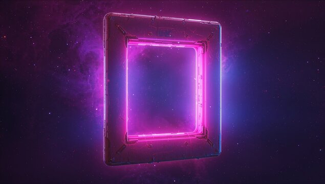 Floating metallic square frame emitting magenta neon glow in deep space, with blue rim, worn bolts