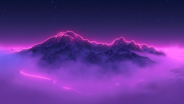 Glowing jagged peaks rising above purple-pink fog at night, showing magenta rim lighting