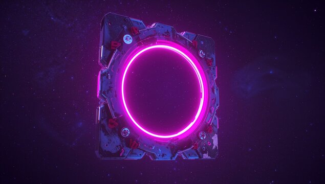 Floating device emitting magenta neon ring in deep space, with square metal housing bolts circuitry