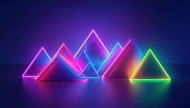 Glowing cluster of neon triangle prisms and frames casting neon glows on glossy floor emitting haze - Powered by Adobe