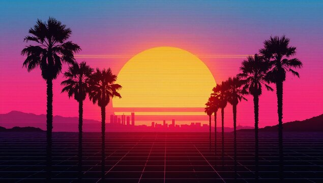 Framing large striped sun glowing on horizon, silhouetted palms receding toward neon grid cityscape