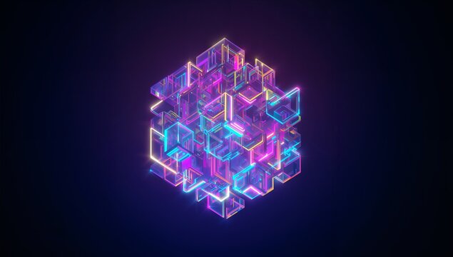 Floating interlock glass cube cluster emitting neon edge glow, casting glints and halo in dark void