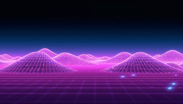 Glowing neon wireframe hills rising across synthwave grid plain, with cyan streaks and particles - Powered by Adobe
