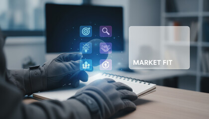 Market fit concept with digital marketing and business recruitment management icons floating above notebook for strategic planning