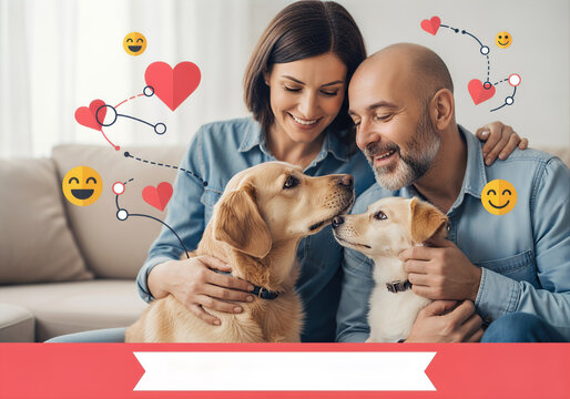Affectionate couple bonding and smiling while cuddling their two dogs (adult and puppy) on a living room couch, conceptualizing love and connection with graphic overlays. - Powered by Adobe