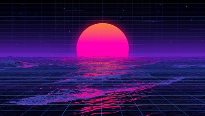 Casting large neon sun reflecting across grid-plane ocean in synthwave seascape, scanline overlay