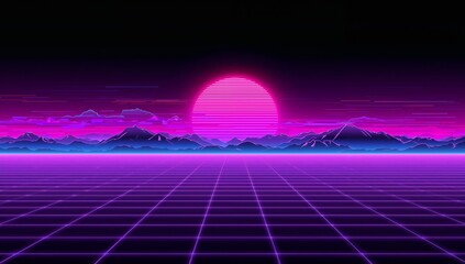 Glowing neon magenta sun sitting on horizon in retro-futuristic landscape, with neon grid plane
