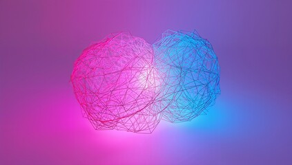 Glowing wireframe spheres with bright overlap resting on studio plane, showing magenta cyan lights