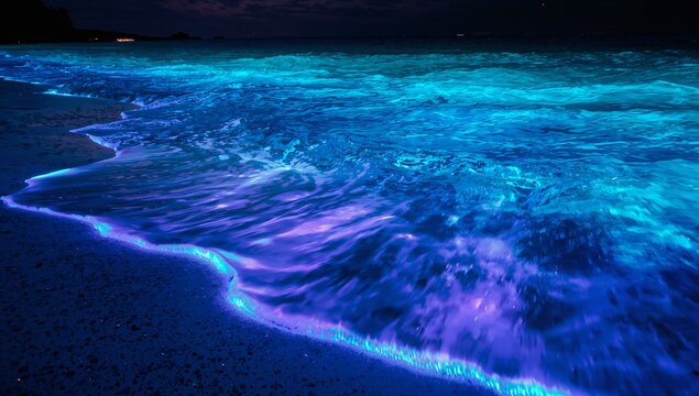 Glowing bioluminescent surf tracing rippled shoreline at night, with foam pebbles and cliff lights
