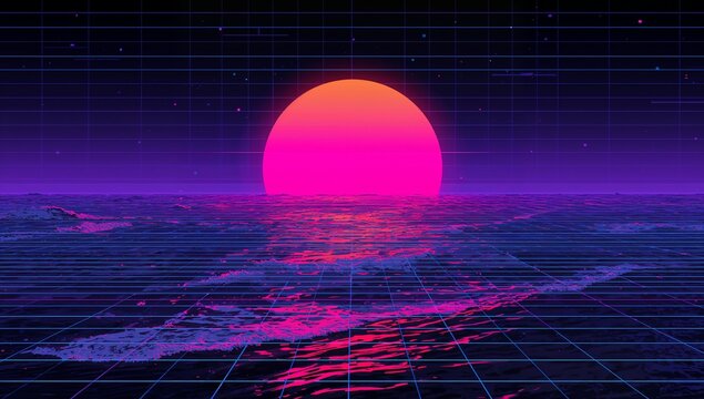 Casting large neon sun reflecting across grid-plane ocean in synthwave seascape, scanline overlay