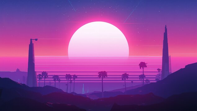 Dominating huge sun glowing with neon scanlines on coastal plain at dusk, framing palms and towers