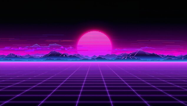 Glowing neon magenta sun sitting on horizon in retro-futuristic landscape, with neon grid plane