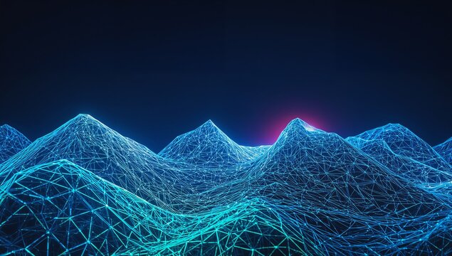Displaying neon wireframe mountain range undulating in virtual 3D landscape, with glowing vertices - Powered by Adobe
