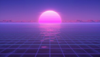 Glowing neon magenta-pink sun casting banded glow across glowing purple grid plane, mist horizon