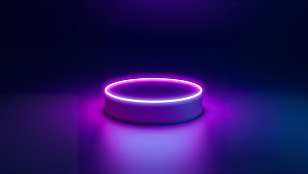 Illuminating low round pedestal with neon ring in studio on glossy floor, colored halo