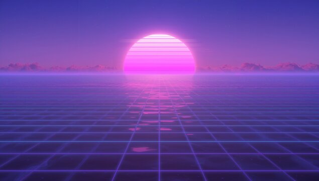 Glowing neon magenta-pink sun casting banded glow across glowing purple grid plane, mist horizon