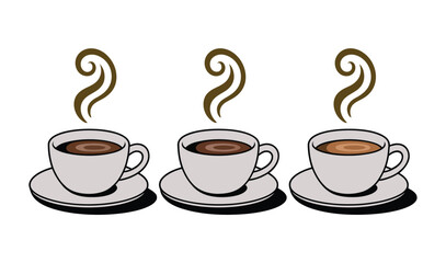 Obraz premium Three steaming cups of coffee sit on saucers, each emitting wisps of aromatic steam, suggesting a warm beverage experience.