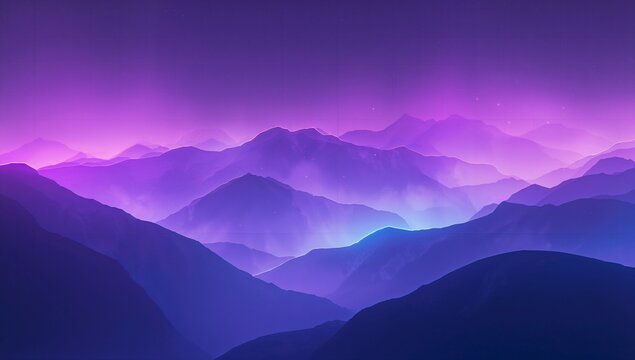 Showing multi-layered mountain ranges glowing under gradient sky at twilight, with mist and stars