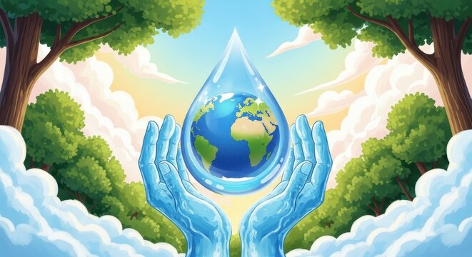 artistic illustration of blue hands holding a water droplet containing earth, against lush green forest backdrop. earth's water conservation and environmental protection. national water quality month
