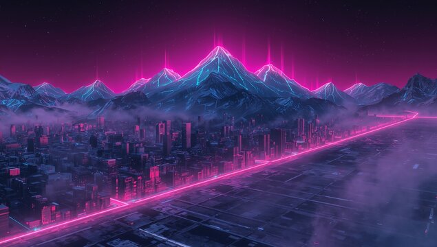 Glowing neon-lit mountain range dominating futuristic valley skyline at night, with magenta beams