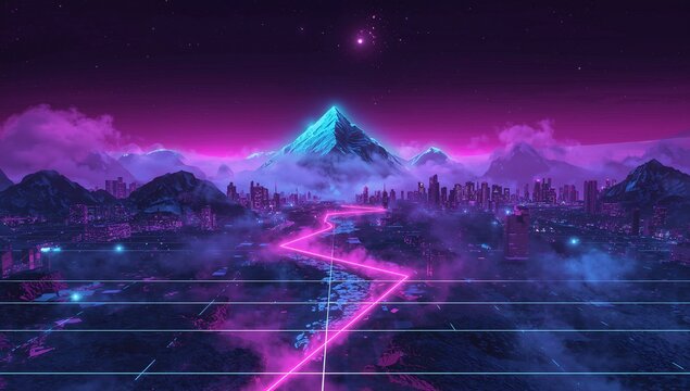 Dominating mountain glowing cyan peak in cyberpunk valley, magenta river, skyline, fog, neon grid - Powered by Adobe