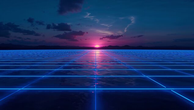 Glowing neon-blue grid plane leading toward magenta sun at dusk, with distant mountains and clouds - Powered by Adobe