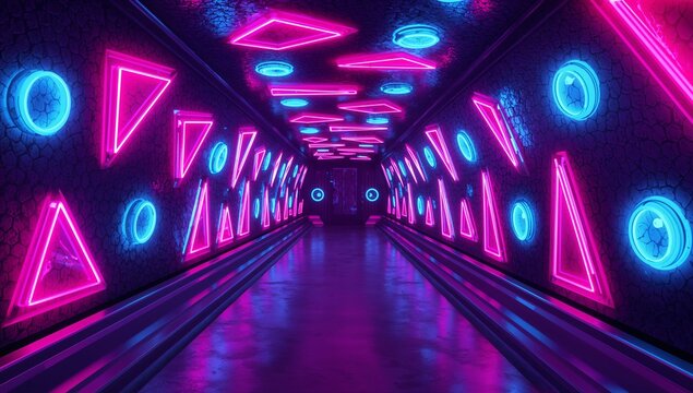 Drawing centered neon corridor toward far doors in nightclub, showing pink or cyan triangles and rin