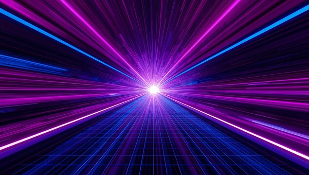 Radiating central magenta light burst racing through retro tunnel with lit grid and neon rails