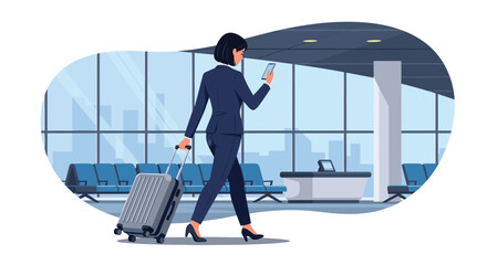 Stylish businesswoman pulling luggage while using her phone at the airport, perfect for travel blogs and business presentations about international work