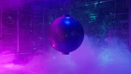 Hovering metallic sphere reflecting magenta cyan lights in industrial set, with rigging and fog