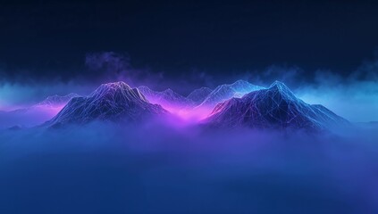Glowing wireframe mountain cluster emitting cyan magenta glow in virtual valley, neon grid, low fog