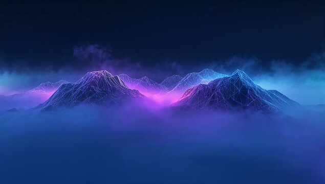 Glowing wireframe mountain cluster emitting cyan magenta glow in virtual valley, neon grid, low fog