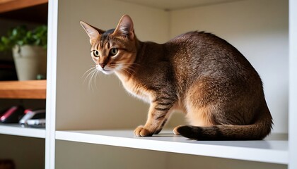 Domestic feline Abyssinian cat breed resting on a clean white shelf, looking with focus and attention
